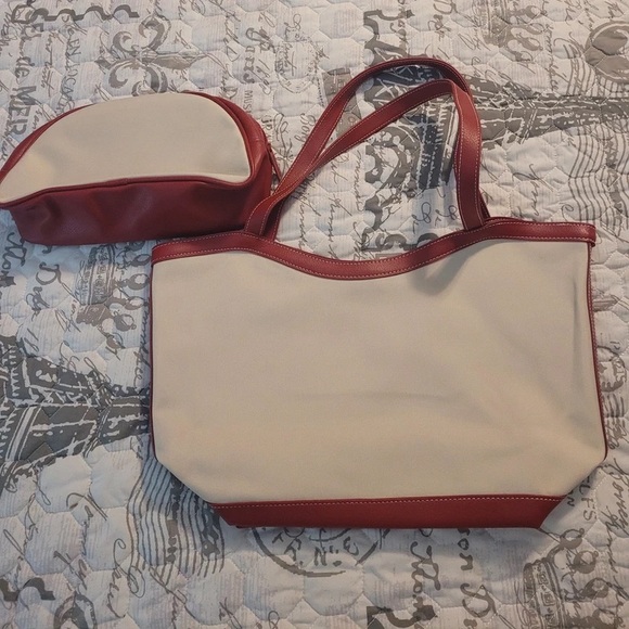 Handbags - Cream Canvas Tote with Red Trim and Matching Pouch